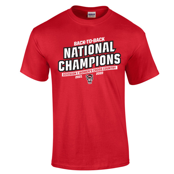 Red short sleeve t-shirt with design commemorating the back to back 2022 & 2021 National Championships by the NC State Women's Cross Country teams.